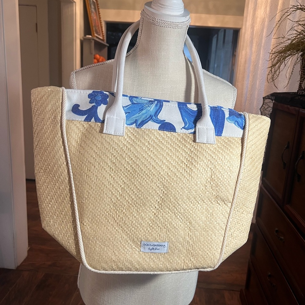 Dolce & Gabbana Woven Beige Tote with Blue Floral Accent